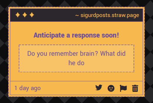 sigurdposts's tweet photo. Brain is a good friend of mine .. in theory. He was a very important figure in Scala ad Caelum, I'm certain, but each time I close my eyes I can only picture him standing on his favorite balcony. https://t.co/3xMGJTa3Jw