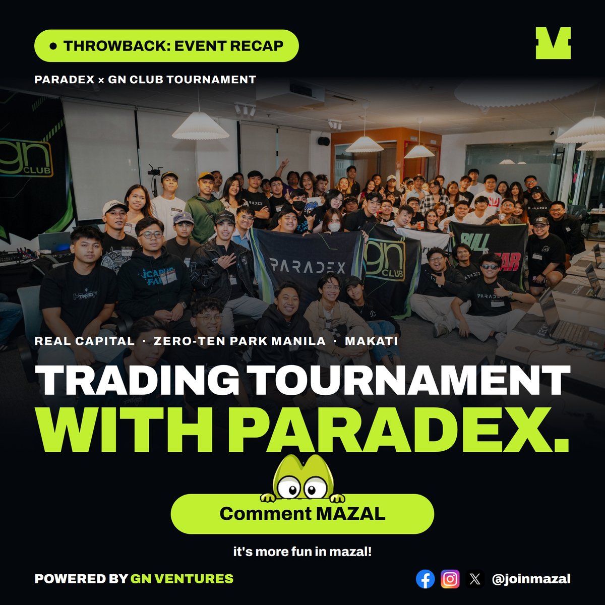joinmazal's tweet photo. THROWBACK: TRADING TOURNAMENT WITH PARADEX! 🏆

Makati was loud, charts were moving, and real capital was on the line! 🇵🇭🔥

Throwback to our first Trading Tournament with Paradex inside Zero-Ten PARK Manila, showing the true strength of the PH trading scene. 🤝

👉 Comment "MAZAL" — its more fun in mazal

#Paradex #GNClub #TradingTournament #CryptoPH #Web3PH #ZeroTenPark #joinmazal #MAZAL