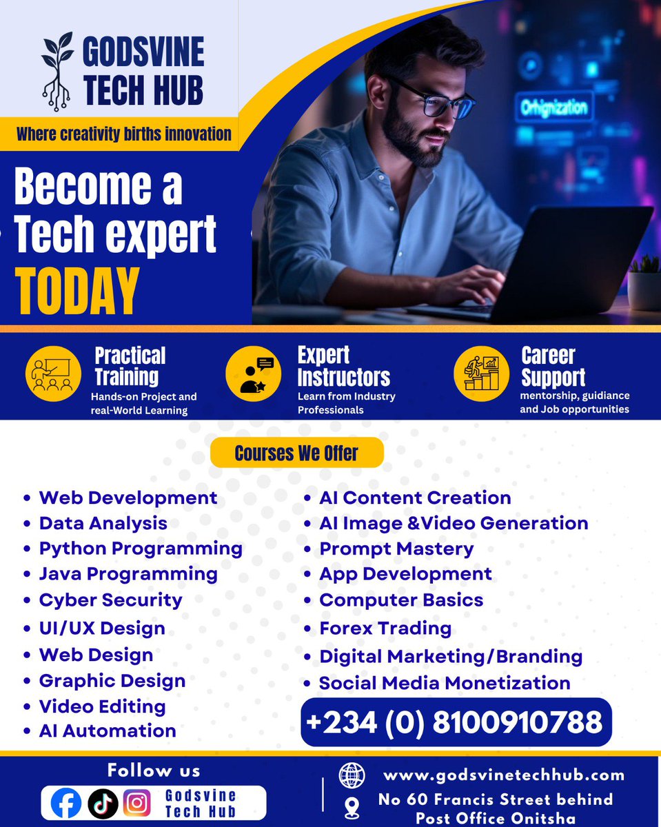 GodsvineH72526's tweet photo. Think Tech is Hard? Think Again! 

At GODSVINE TECH HUB, we make learning tech simple, practical, and exciting.

Whether you're starting from absolute zero or looking to level up your skills, we'll guide you every step of the way.

🔥 Go from ZERO to HERO

#tech https://t.co/CoatYHcAkS