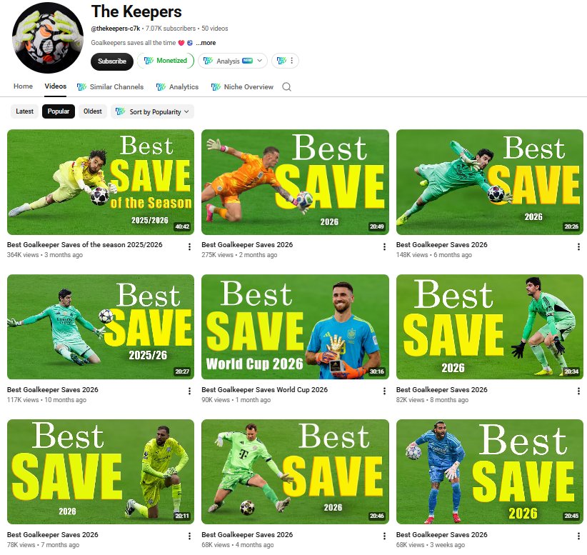 Automation94453's tweet photo. A saturated niche + choosing a unique/clickable topic within it

A simple football niche with plenty of repeatable topics

~ 7.06K subscribers
~ 2,251,118 total views
~ Long-form

Format:
> Large “Best SAVE” text stands out immediately
> Green backgrounds with one or more goalkee https://t.co/skhhKcMPvI