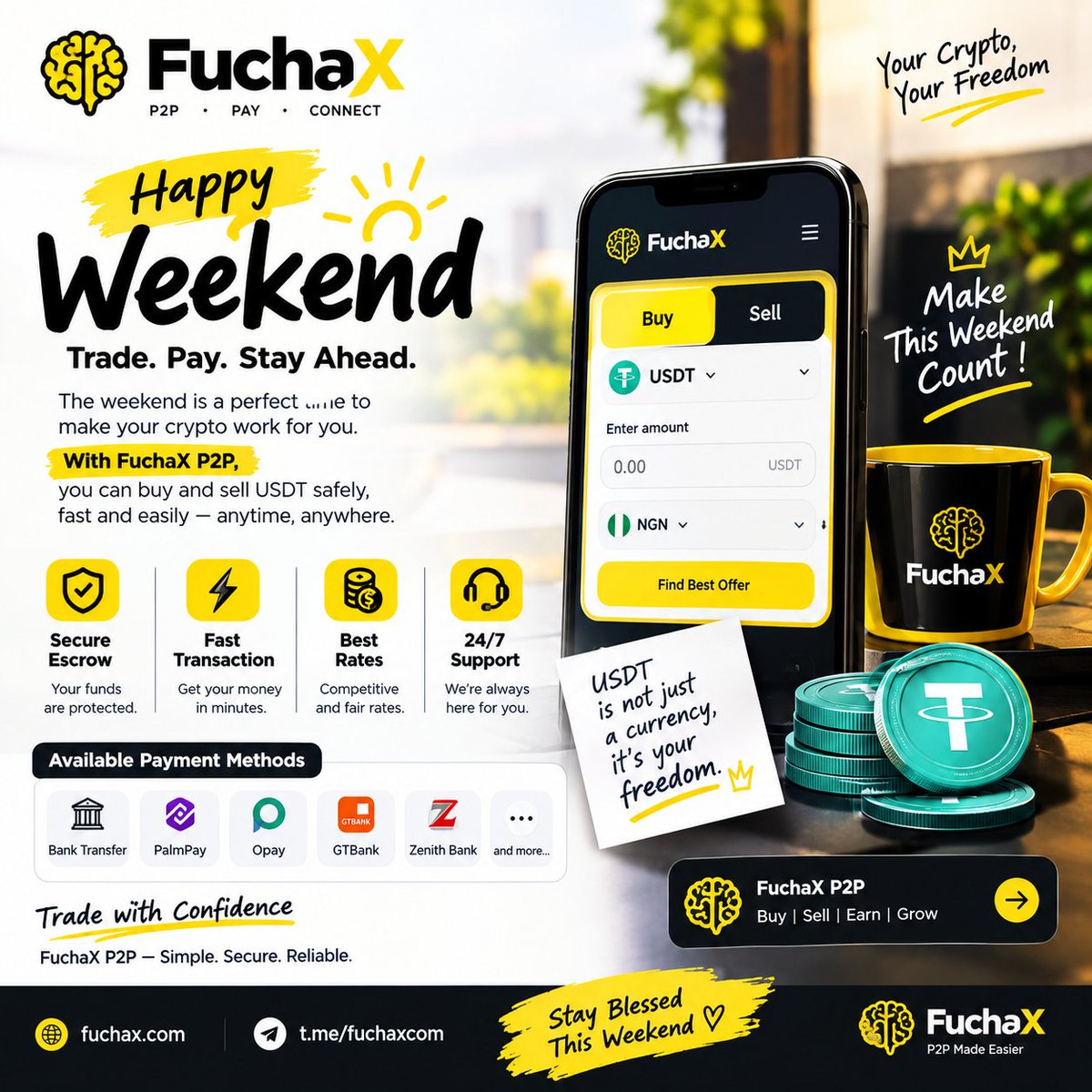 Abdulsalam_10_'s tweet photo. Happy Weekend @getfuchax Fam 

The weekend is heretime to relax reset and keep building.

With @getfuchax P2P, you can:
💰 Buy &amp; Sell USDT
⚡ Trade fast and easily
🔐 Enjoy secure P2P transactions
🇳🇬 Trade seamlessly with Naira

Trade smart Stay secure Keep building. https://t.co/DXlFGQV7Af