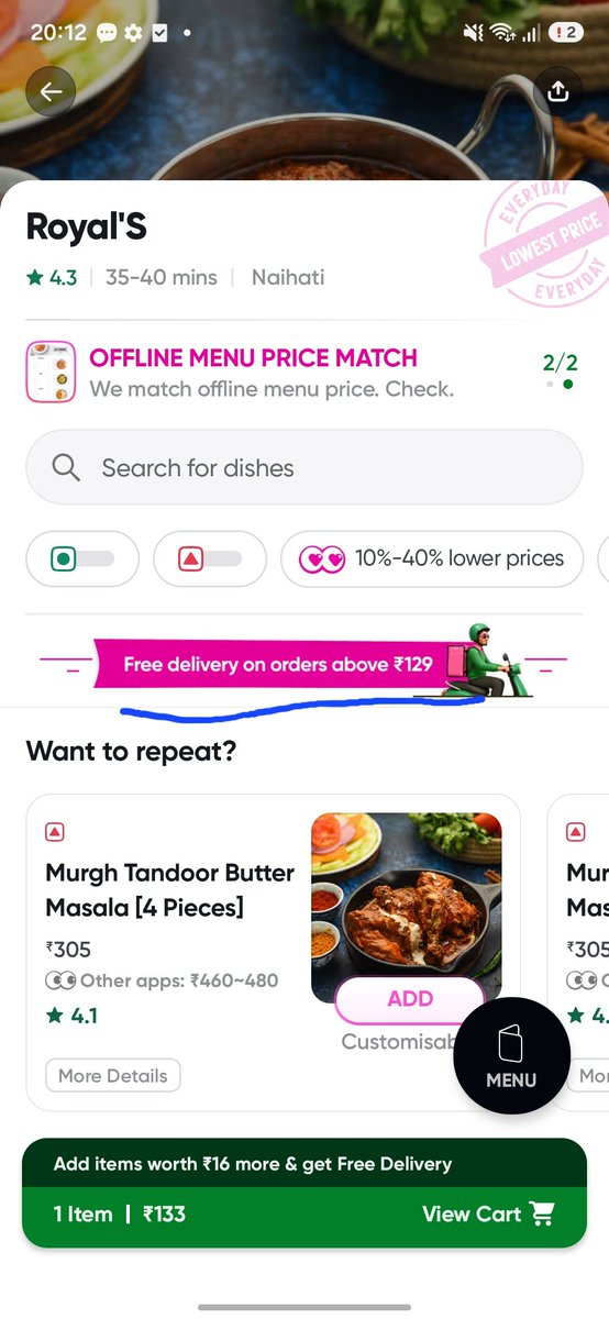 saqib9831's tweet photo. Hi @Swiggy Restaurant banner says 129 while checkout page is 149. How? https://t.co/RpXcb3T7Ws