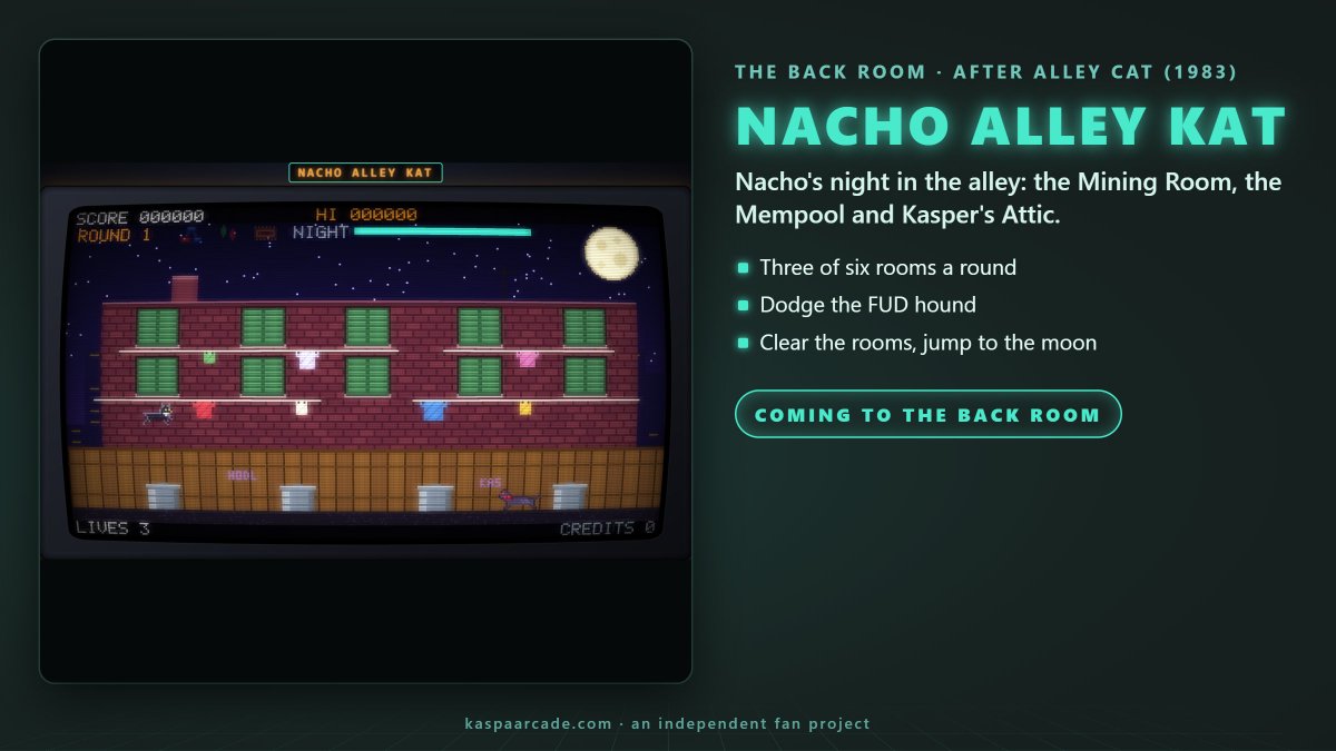KaspaArcade's tweet photo. In the back room: NACHO ALLEY KAT 🐈‍⬛

@NachotheKat's night in the alley: three of six rooms a round, from the Mining Room to Kasper's Attic to PUMP AND DUMP. Dodge the FUD hound, clear the rooms, then jump to the moon.

#KRC20 #KaspaArcade https://t.co/RI1RDErdKt