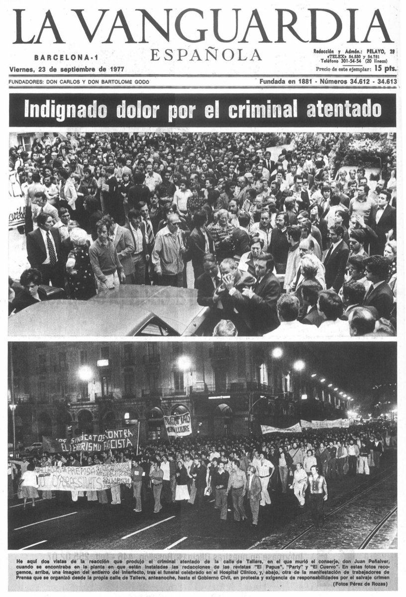 MemorialVT's tweet photo. 20/09/1977. Barcelona. Se cumplen 49 años del asesinato por ultraderechistas de la Triple A del conserje de edificio Luminor (c/Tallers) JUAN PEÑALVER SANDOVAL. Dos terroristas le entregaron un paquete para el director de la revista El Papus. Le explotó cuando iba a entregarlo. https://t.co/XX2gDIUkyl
