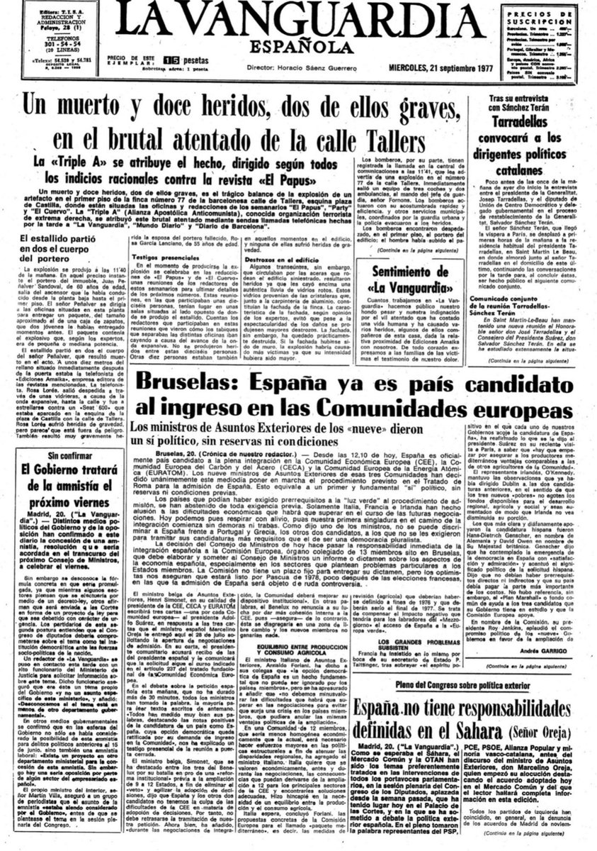 MemorialVT's tweet photo. 20/09/1977. Barcelona. Se cumplen 49 años del asesinato por ultraderechistas de la Triple A del conserje de edificio Luminor (c/Tallers) JUAN PEÑALVER SANDOVAL. Dos terroristas le entregaron un paquete para el director de la revista El Papus. Le explotó cuando iba a entregarlo. https://t.co/XX2gDIUkyl