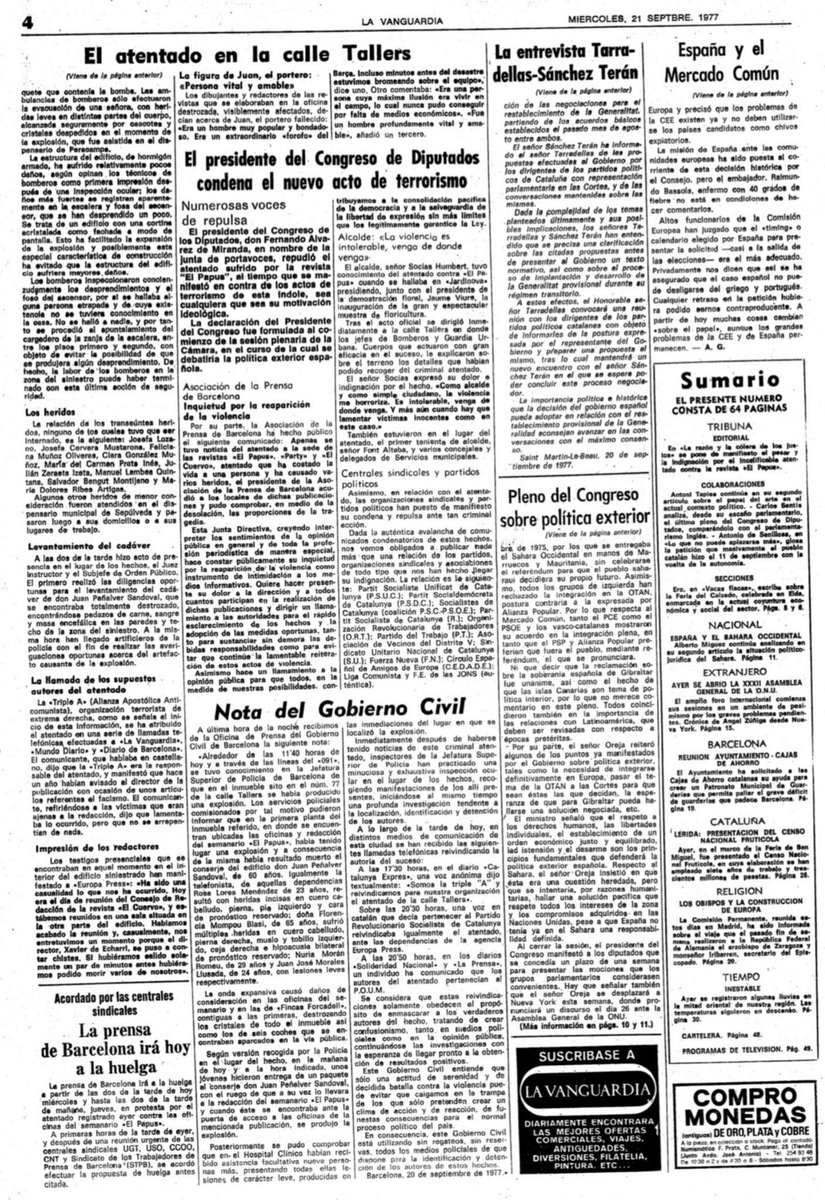 MemorialVT's tweet photo. 20/09/1977. Barcelona. Se cumplen 49 años del asesinato por ultraderechistas de la Triple A del conserje de edificio Luminor (c/Tallers) JUAN PEÑALVER SANDOVAL. Dos terroristas le entregaron un paquete para el director de la revista El Papus. Le explotó cuando iba a entregarlo. https://t.co/XX2gDIUkyl