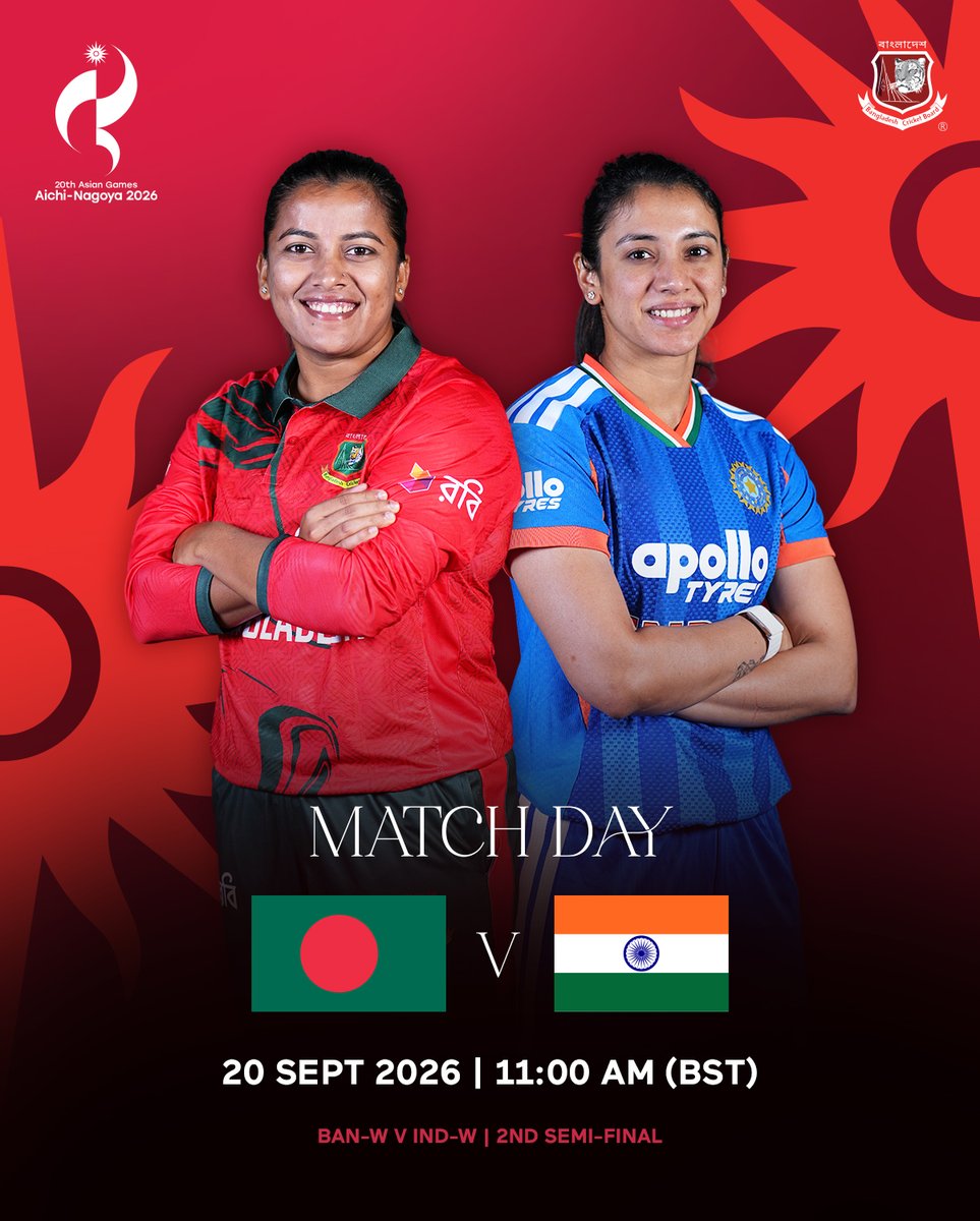 BCBtigers's tweet photo. It’s Match Day! 🔥🇧🇩 The Tigresses are ready for the Asian Games Semi-Final!

Bangladesh Women 🆚 India Women

2nd Semi-Final | Asian Games 2026

#Bangladesh #Tigresses #AsianGames2026 #Cricket https://t.co/GXFslDEK0G