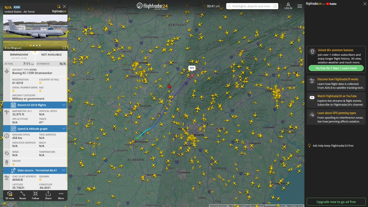 AIYeyENGDdJkjTr's tweet photo. Sept. 19, 2026
#117th Air Refueling Wing-Sumpter Smith Air National Guard Base, Birmingham ==> #Bucharest, Romania
#NoCALLSIGN #AE04CB USAF KC-135R Stratotanker https://t.co/1dfXCBFKUg