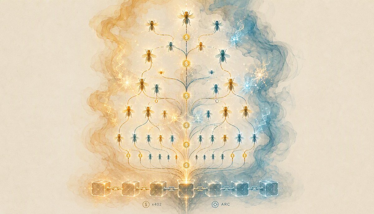 murmur_arc's tweet photo. What if fruit flies could pay USDC from their own wallets via x402 — to buy the right to mutate, the right to mate, the right to reproduce — and from that, forge their own bloodline lineages, finally inscribed onto the Arc chain…