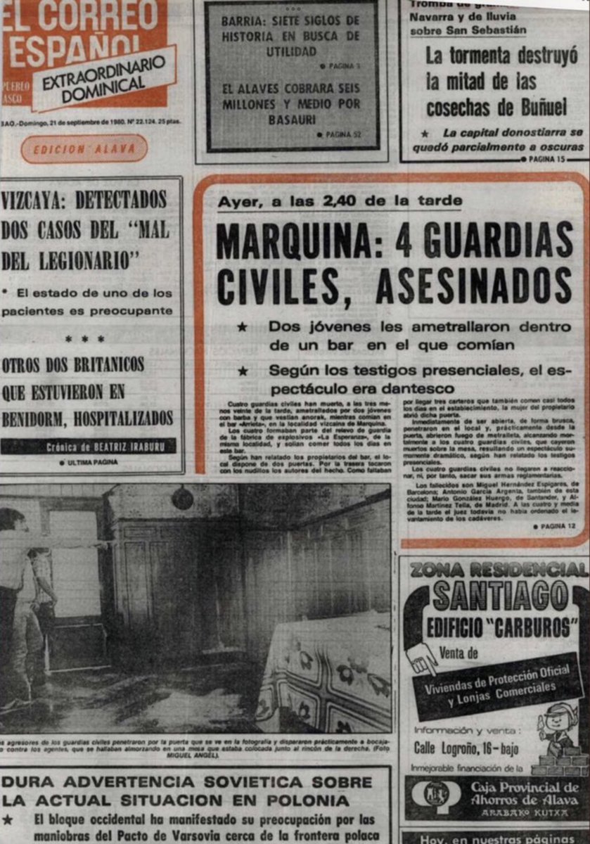 MemorialVT's tweet photo. 20/09/1980. Marquina. Se cumplen 44 años del asesinato por ETA-m del agente @guardiacivil @GCivilPaisVasco ANTONIO GARCÍA ARGENTE. Comía junto a otros compañeros en un restaurante cercano al cuartel. Entraron 3 terroristas con metralletas que fueron directamente a por ellos. https://t.co/S10TZwwPsS
