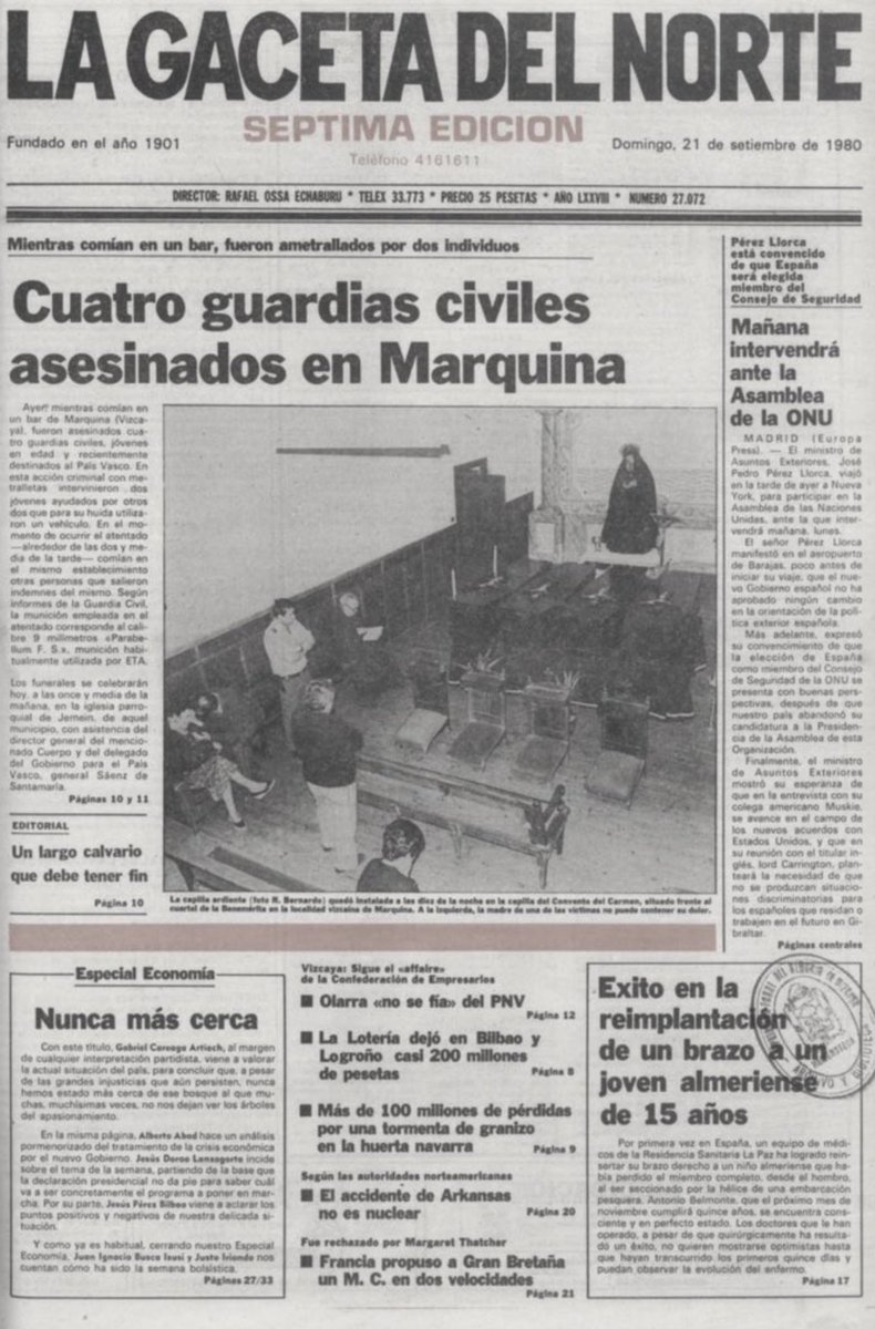MemorialVT's tweet photo. 20/09/1980. Marquina. Se cumplen 44 años del asesinato por ETA-m del agente @guardiacivil @GCivilPaisVasco ANTONIO GARCÍA ARGENTE. Comía junto a otros compañeros en un restaurante cercano al cuartel. Entraron 3 terroristas con metralletas que fueron directamente a por ellos. https://t.co/S10TZwwPsS
