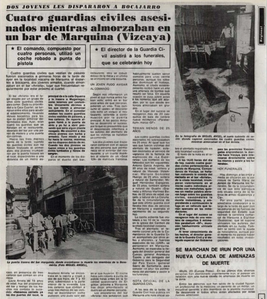MemorialVT's tweet photo. 20/09/1980. Marquina. Se cumplen 44 años del asesinato por ETA-m del agente @guardiacivil @GCivilPaisVasco ANTONIO GARCÍA ARGENTE. Comía junto a otros compañeros en un restaurante cercano al cuartel. Entraron 3 terroristas con metralletas que fueron directamente a por ellos. https://t.co/S10TZwwPsS