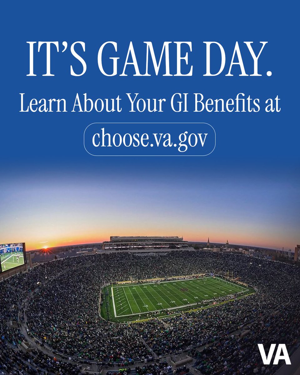 DeptVetAffairs's tweet photo. It’s game day! Use your GI Bill benefits to get back to school. 

Visit https://t.co/05nlJD48A8 to get started. 🇺🇸 https://t.co/CO9QUeqp5K