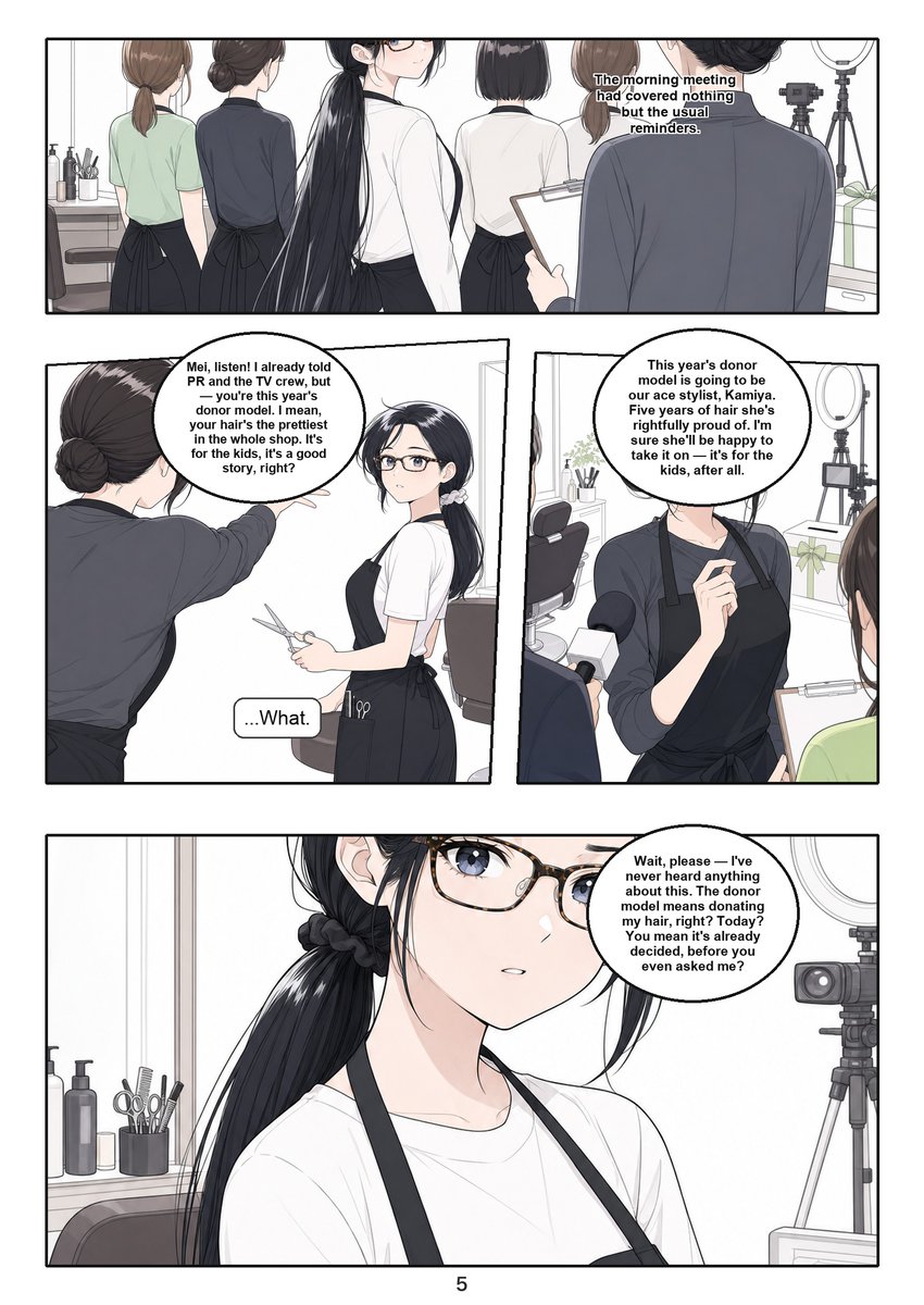 ShornStudio's tweet photo. KENGAMI — The Offering
English edition · 32 pages, full color
A stylist's five years of hair, cut live on a charity livestream — arranged by her own manager before she was ever asked.
fiction · all adults · non-sexual
https://t.co/9TqIwptMmj
#hairfetish #bobcut #doujinshi https://t.co/RfmCKEQHn9