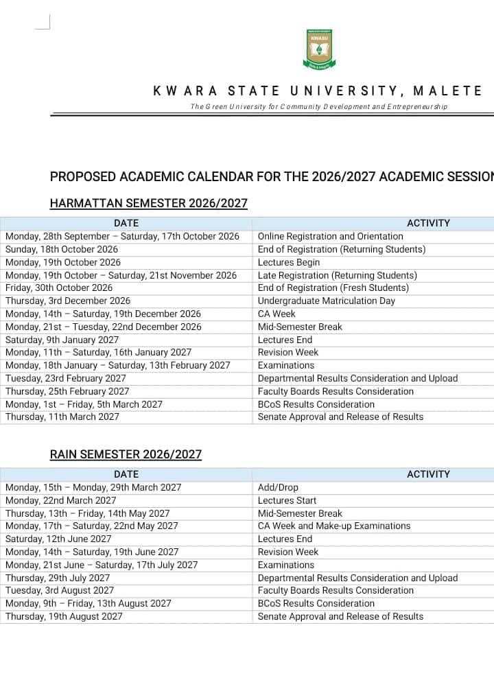 Tosaino_01's tweet photo. “PROPOSED” KWASU ACADEMIC CALENDAR FOR THE 2026/2027 ACADEMIC SESSION https://t.co/UT5qsverSC