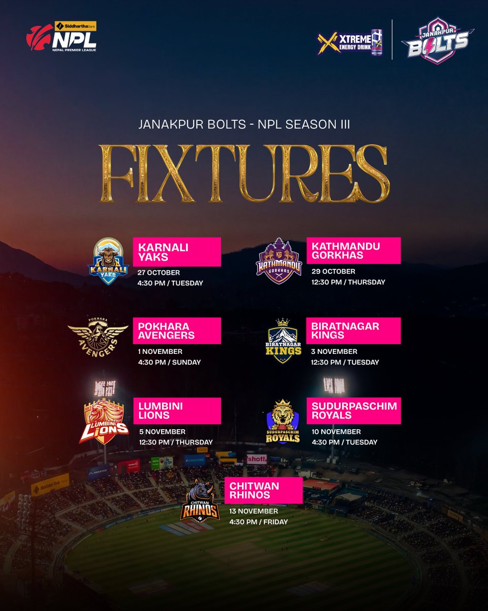 boltsjanakpur's tweet photo. 𝐓𝐡𝐞 𝐫𝐨𝐚𝐝 𝐭𝐨 𝐫𝐞𝐝𝐞𝐦𝐩𝐭𝐢𝐨𝐧 𝐡𝐚𝐬 𝐢𝐭𝐬 𝐝𝐚𝐭𝐞𝐬.

The fixtures are locked. The mission begins.
Madhesh, it’s time to bring the thunder.

#JittaiJanakpur | #BoltsStrike | #BoltsRedemption | #SBLNPL3 https://t.co/Nul83jCww4