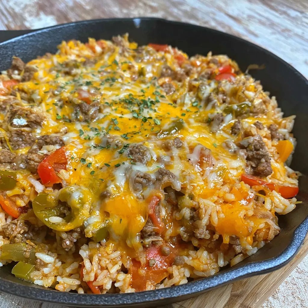 WhatsCookings's tweet photo. Unstuffed Pepper Skillet Dinner

Ingredients:
- 1 lb ground beef
- 1/4 tsp salt
- 1/4 tsp pepper
- 1/4 tsp paprika
- 1 1/2 tsp steak seasoning
- 1 onion, diced
- 3 bell peppers, diced
- 2 tbsp Worcestershire sauce
- 1 tbsp minced garlic
- 1 can (15 oz) diced tomatoes
- 1 1/2 cups beef broth
- 1 cup long grain white rice, uncooked
- 2 cups shredded cheddar cheese

Instructions:
1. Brown the Meat: In a skillet, brown the ground beef. Add salt, pepper, paprika, steak seasoning, onion, and diced bell peppers.
2. Cook Vegetables and Seasoning: Cook until the ground beef is done and peppers and onions are softened. Drain any grease from the skillet.
3. Add Remaining Ingredients: Add diced tomatoes, Worcestershire sauce, garlic, beef broth, and uncooked rice. Stir the mixture well.
4. Cook Rice: Bring the mixture to a boil, reduce the heat to medium-low, cover with a lid, and cook for about 20 minutes or until the rice is fully cooked.
5. Mix and Top with Cheese: Stir in 1 cup of shredded cheddar cheese. Spread the remaining cheese on top.
6. Melt Cheese: Allow the cheese to melt, either by letting it sit or by placing the skillet under a broiler in the oven.
7. Serve: Serve the skillet meal hot. Optional toppings include sour cream and hot sauce.