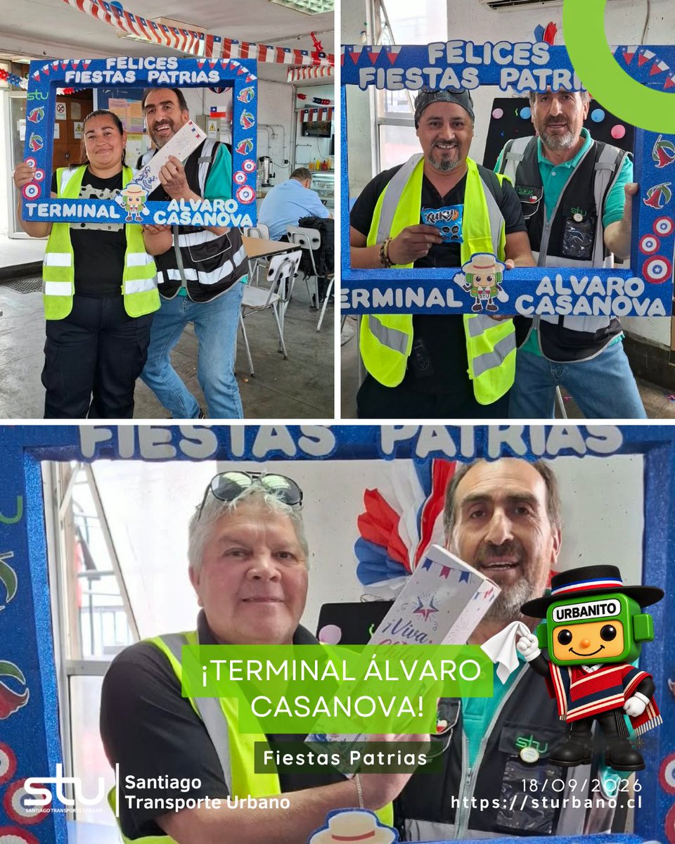 stu_urbano's tweet photo. 🇨🇱🎉 Seguimos compartiendo imágenes de las Fiestas Patrias 2026 en nuestros terminales Álvaro Casanova y Camilo Henríquez. ¡Alegría, tradición y compañerismo en STU! 1/3💚
#STU #BusesRED #BusesEléctricos #RedMovilidad https://t.co/q3yztfzmlN