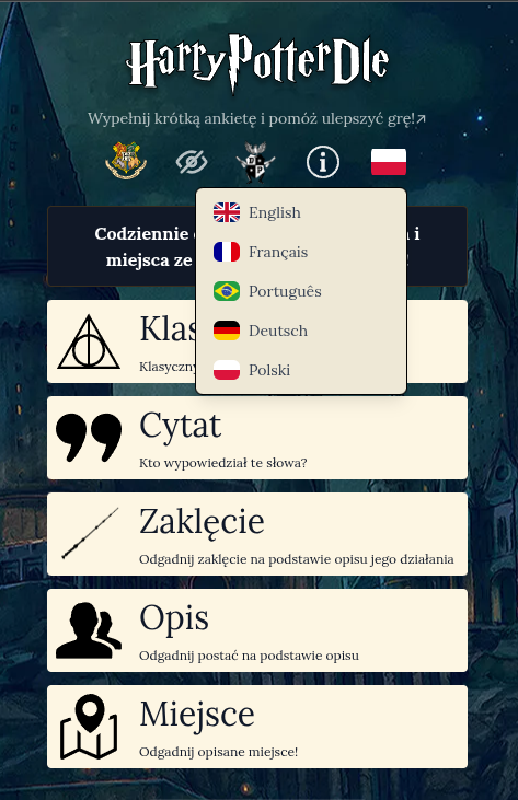 harrypotterdle's tweet photo. New: Harrypotterdle polish translation! 🇵🇱
Now avaliable in 5 languages:

Português 🇧🇷
Deutsch 🇩🇪
Français 🇫🇷
English 🇬🇧
&amp; now Polski 🇵🇱!

Check it out on: https://t.co/M9QcveDZNF https://t.co/w5JrcO3RB6