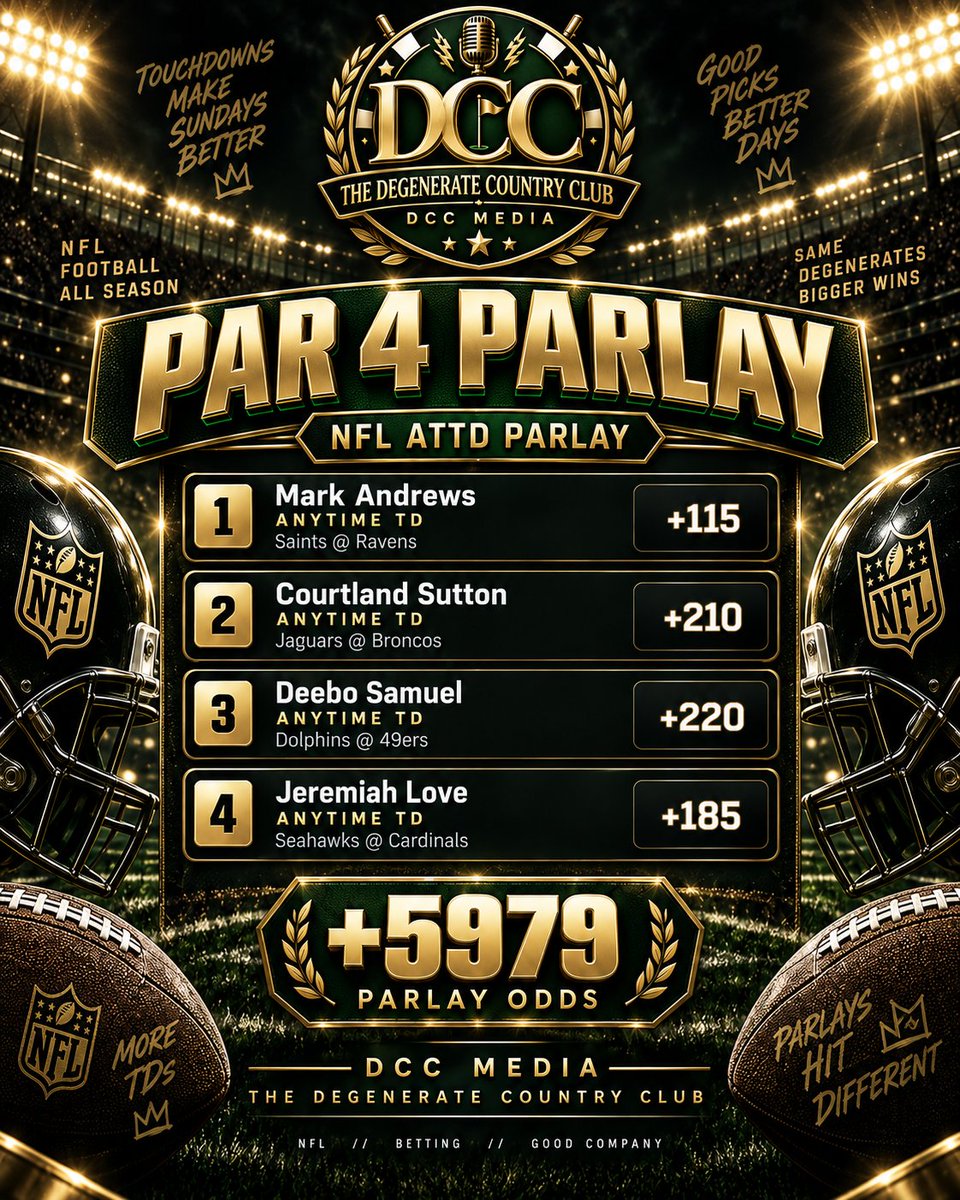 DCC_Media_1's tweet photo. NFL Week 2

Let me present to you the Par 4 Parlay⛳️

Our Weekly NFL Anytime Touchdown (ATTD) Parlay as discussed on our podcast

Go check it out on YouTube (Link in the bio)  

$50 to one lucky follower who retweets if this cashes!

Let’s ride! https://t.co/VaQ0Lom2Ax