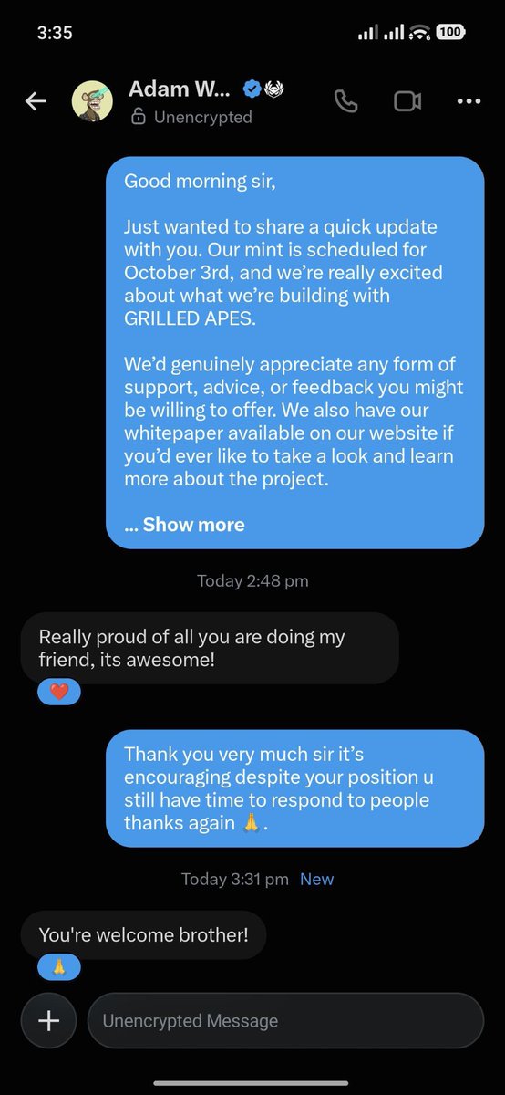 GRILLEDAPES's tweet photo. GM Hoodians 🦍

It’s been an incredible and exciting journey getting to this point, but our collaboration phase has officially come to a close.

We’re proud to have collaborated with 60+ communities and projects along the way. A huge thank you to all the community managers, founders, and everyone who helped make these collaborations possible.

And a special thank you to @AdamWeitsman for the encouragement and support though our conversation was quick It truly meant a lot for us the team and the project. 🤝

Here are the details everyone has been asking for:

Supply: 8,888
Chain: @RobinhoodApp 
Mint Price: 0.003 ETH — All Phases
Mint Date: October 3, 2026
Lunch pad : @opensea 

Until mint day, we’ll continue sharing art, sneak peeks, and more surprises for the community to enjoy. 👀🔥

The journey continues. 🦍

GRILLED APES is just getting started.