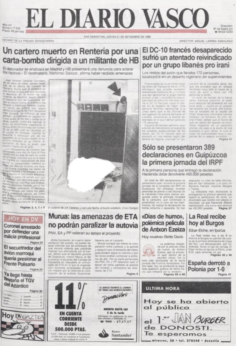 MemorialVT's tweet photo. 20/09/1989. Rentería. Se cumplen 37 años del asesinato del cartero @Correos JOSÉ ANTONIO CARDOSA MORALES. Resultó muerto al estallar una carta-bomba que introducía en el buzón de un militante de HB. Le estalló y alcanzó de lleno, dejándole el cuerpo destrozado. https://t.co/Mv6w001VrW