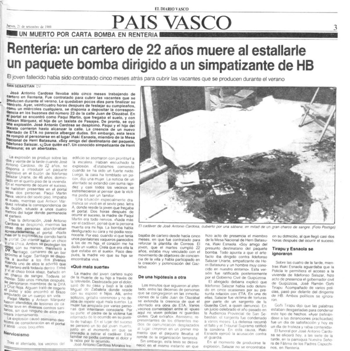 MemorialVT's tweet photo. 20/09/1989. Rentería. Se cumplen 37 años del asesinato del cartero @Correos JOSÉ ANTONIO CARDOSA MORALES. Resultó muerto al estallar una carta-bomba que introducía en el buzón de un militante de HB. Le estalló y alcanzó de lleno, dejándole el cuerpo destrozado. https://t.co/Mv6w001VrW