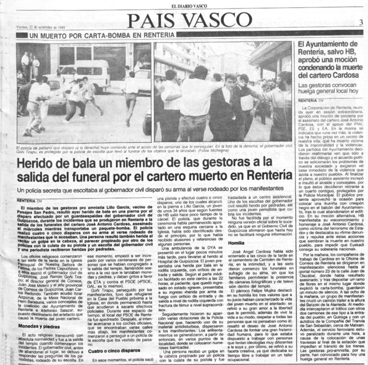 MemorialVT's tweet photo. 20/09/1989. Rentería. Se cumplen 37 años del asesinato del cartero @Correos JOSÉ ANTONIO CARDOSA MORALES. Resultó muerto al estallar una carta-bomba que introducía en el buzón de un militante de HB. Le estalló y alcanzó de lleno, dejándole el cuerpo destrozado. https://t.co/Mv6w001VrW