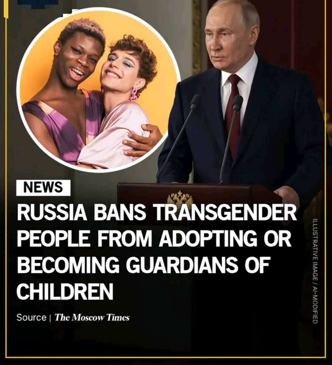 d_maniax's tweet photo. Marriage ends automatically for transgender people under the Russian law.
 
That is the second cost written into the same text. A marriage in which one partner has changed gender is annulled, without either of them applying for anything.
 
According to Amnesty International, the rules were not applied retroactively to people who had already completed the legal change before the law came in.
 
Sources: Human Rights Watch, The Moscow Times