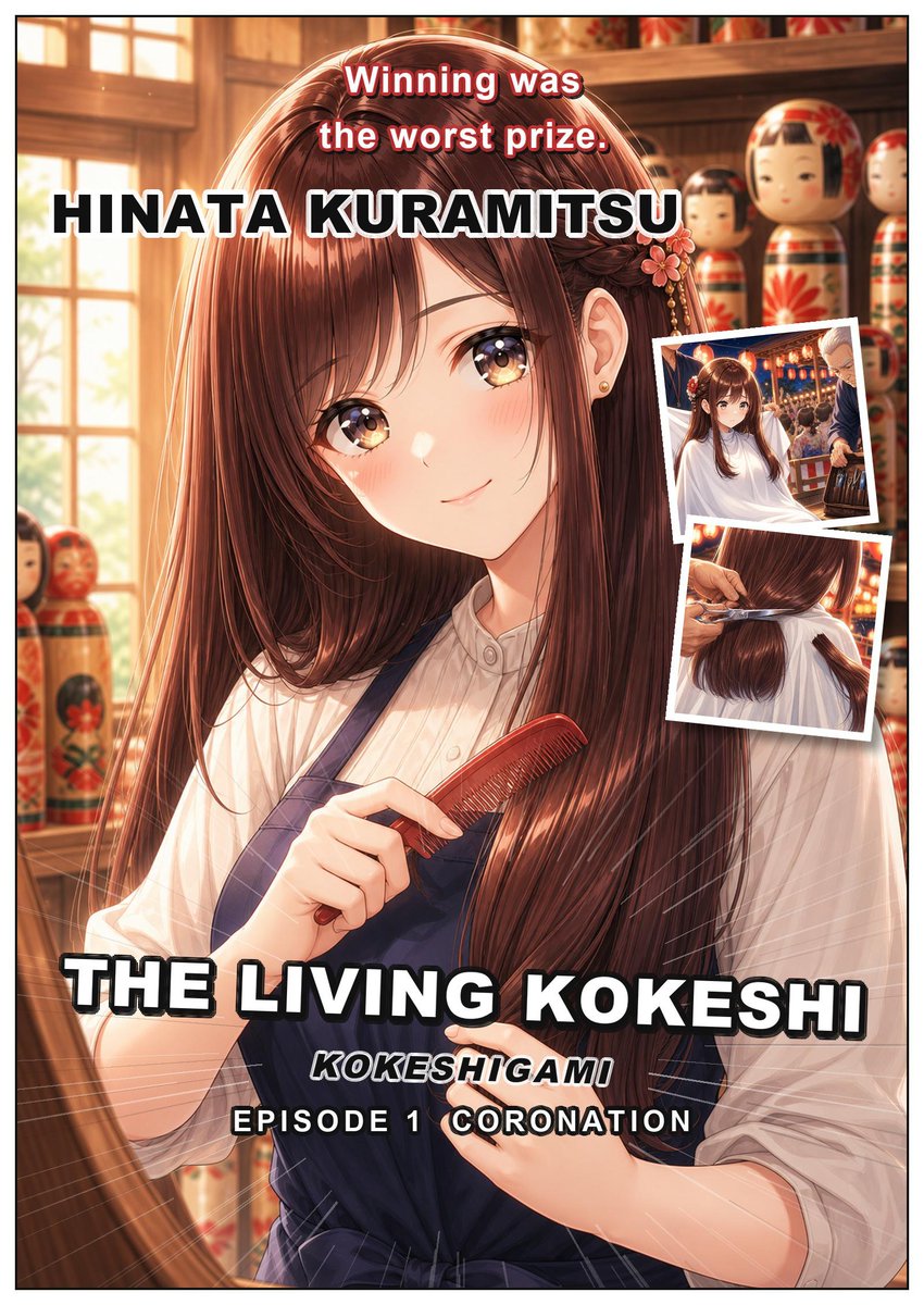 ShornStudio's tweet photo. KOKESHIGAMI — The Living Kokeshi
English edition · 34 pages, full color
A shy shop girl wins a festival contest — and her hair is remade into the shop's own wooden doll on stage.
fiction · all adults · non-sexual
https://t.co/QE9BpJw548
#hairfetish #bobcut #doujinshi https://t.co/BufvmaecNE