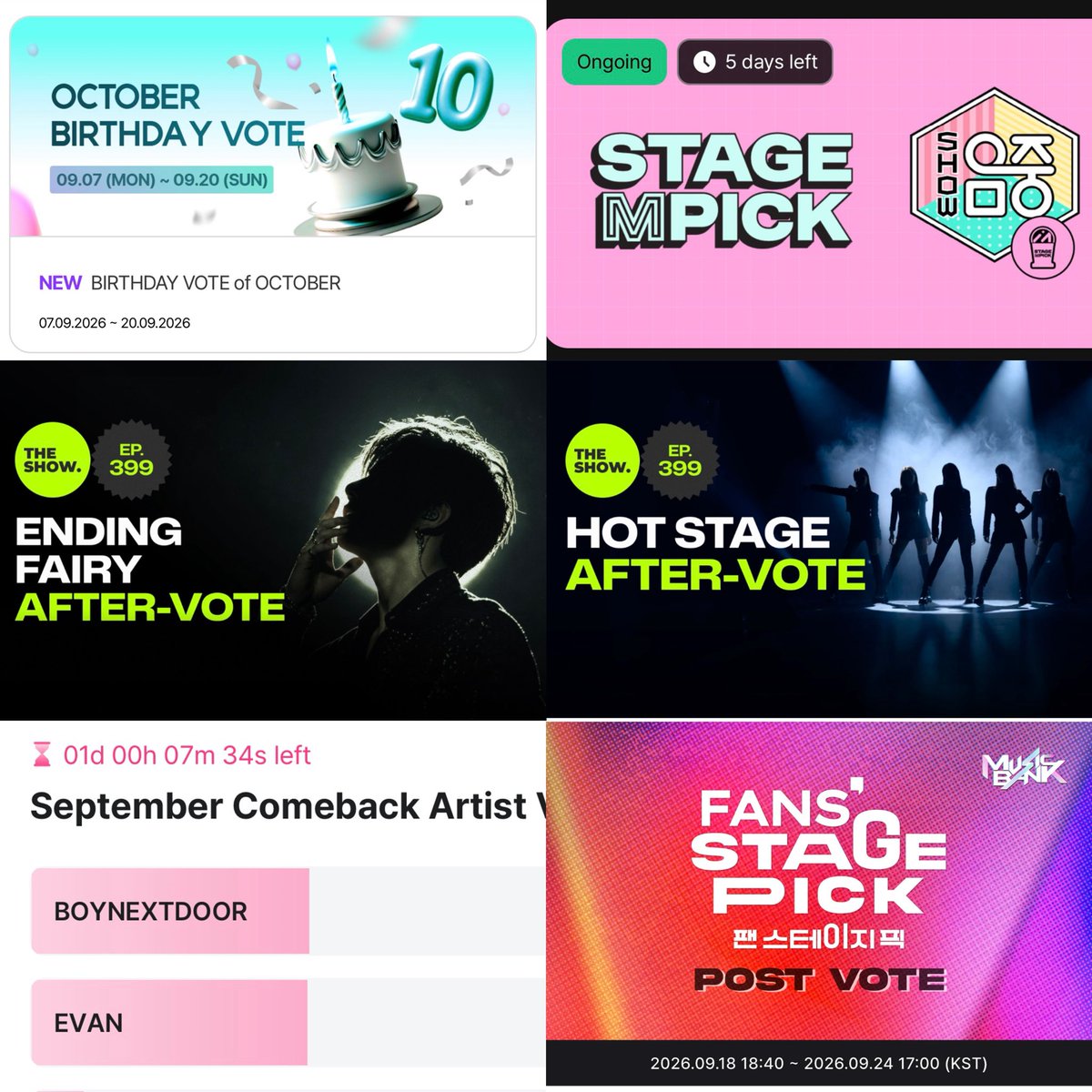 EvanVoting's tweet photo. [🗳️] EVAN ONGOING VOTING POLLS

EVERs! Here are the ongoing voting polls for EVAN! Please take at least 20–30 minutes to collect votes and vote for EVAN. We can help him win more trophies if we all work together and support him! Let’s do this, everyone!

MNET+- SEPTEMBER COMEBACK
🎯TOP 1
🔗 https://t.co/hshxgwWNp0
🗓️ September 20, 11:59 PM KST

STARPIC- OCTOBER BIRTHDAY VOTE
🎯 TOP 1
🗓️ September 20, 11:59 PM KST

BIGC- THE SHOW HOT STAGE
🎯 TOP 1
🔗 https://t.co/EjaIutptgE
🗓️ September 21, 5PM KST

BIGC- THE SHOW ENDING FAIRY
🎯 TOP 1
🔗 https://t.co/Kd80Ahld2i
🗓️ September 21, 5PM KST

COOGOONG- FANS PICK STAGE
🎯 TOP 1
🔗 https://t.co/LdukW3t2pE
🗓️ September 24, 5PM KST

MUNIVERSE- STAGE M PICK
🎯 TOP 1
🔗 https://t.co/dXCXLm7JSV
🗓️ September 24, 12PM KST