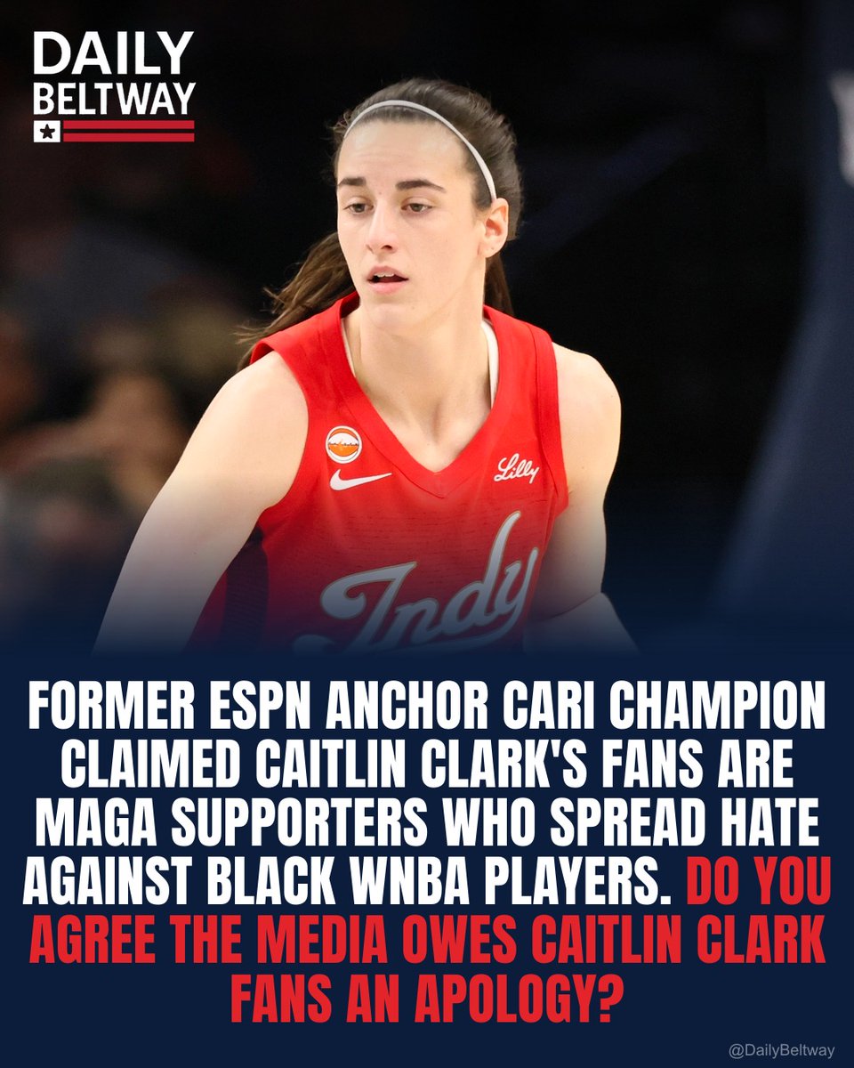 DailyBeltway's tweet photo. FORMER ESPN ANCHOR CARI CHAMPION CLAIMED CAITLIN CLARK'S FANS ARE MAGA SUPPORTERS WHO SPREAD HATE AGAINST BLACK WNBA PLAYERS. DO YOU AGREE THE MEDIA OWES CAITLIN CLARK FANS AN APOLOGY? #CaitlinClark #WNBA https://t.co/JHxFbfFuhu