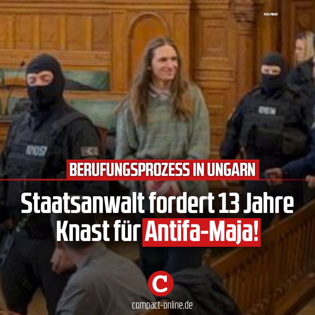 COMPACTMagazin's tweet photo. Muss der deutsche Linksextremist Simeon T., bekannt unter seinem Kampfnamen „Maja“, noch länger ins Gefängnis? Das fordert die Staatsanwaltschaft in der ungarischen Hauptstadt Budapest, dem Hammerbanden-Antifa drohen viele Jahre Knast.

➡️ Erfahren Sie hier alle Hintergründe: https://t.co/rxoXdRie7Y

🪙 Schluss mit dieser Politik! 👉 Höchste Zeit für eine politische Wende. Wir liefern das passende Paket dafür: https://t.co/L1ISbBcioW