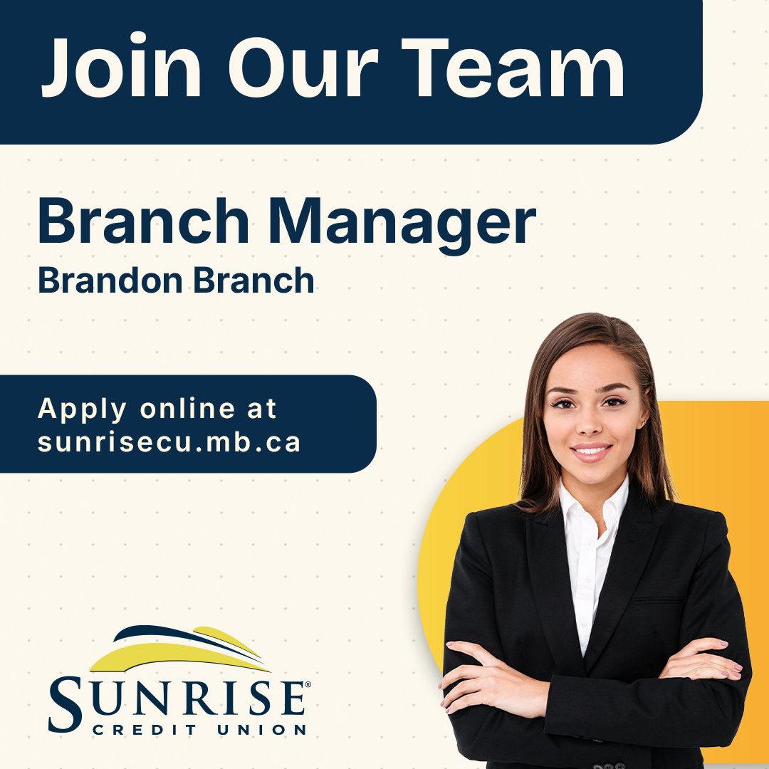 SunriseCU's tweet photo. Sunrise Credit Union in Brandon is looking to add to their team!

As the Branch Manager, you will lead, inspire, and help your team to grow. You and your team will be a staple in the community where our members live.

Apply by: October 13

To apply visit https://t.co/yHSeQsUY5z https://t.co/16tp1GdOq9