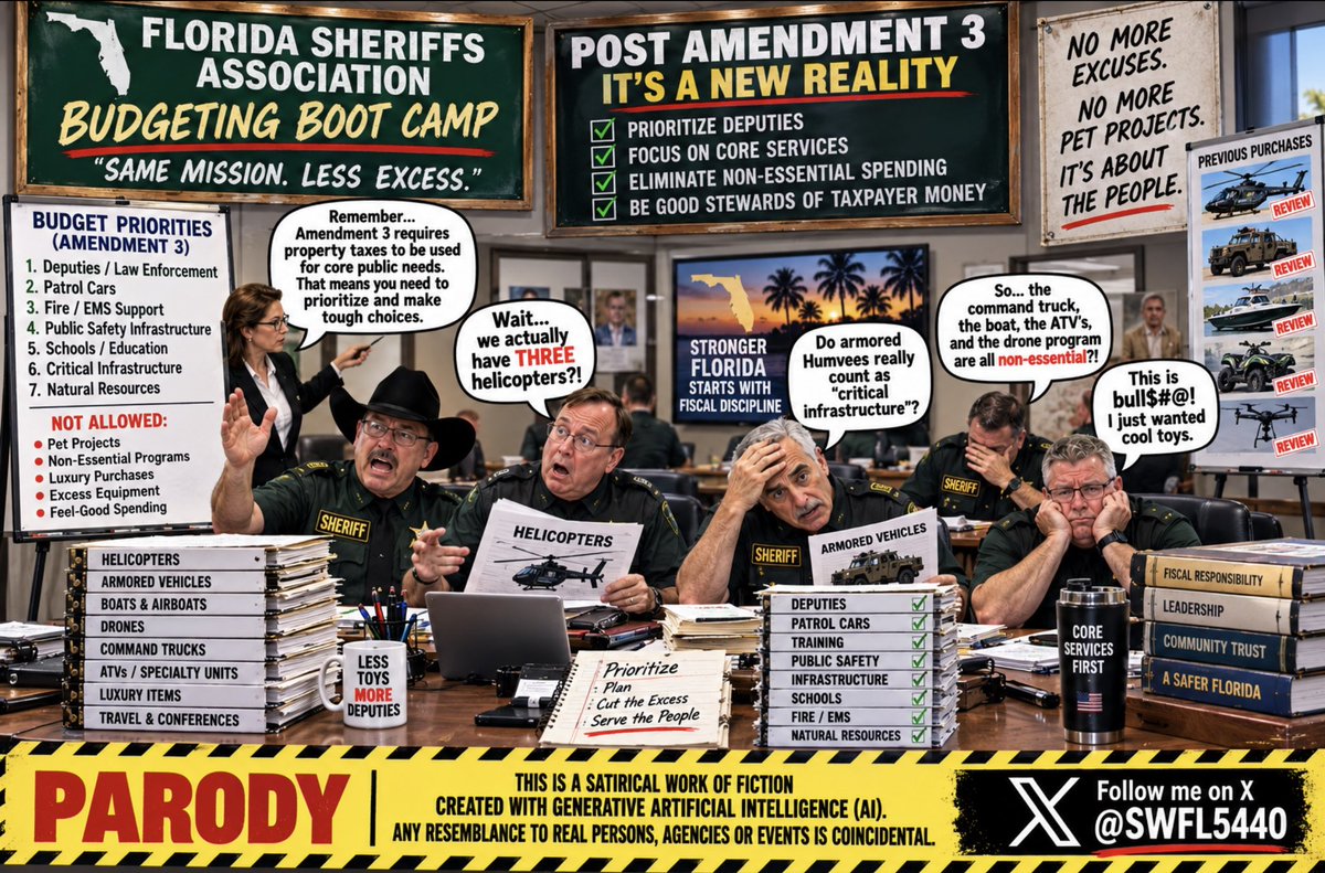 SWFL5440's tweet photo. 🚨 BREAKING: FLORIDA SHERIFFS INTRODUCED TO THEIR NEWEST PIECE OF EQUIPMENT — A CALCULATOR.

If Amendment 3 passes, the assignment is simple: open the budget, prioritize deputies and core public safety, and start asking hard questions about everything else.

Apparently “we want it” and “we need it” aren’t the same line item. 😂

Welcome to Budgeting 101.

Parody
