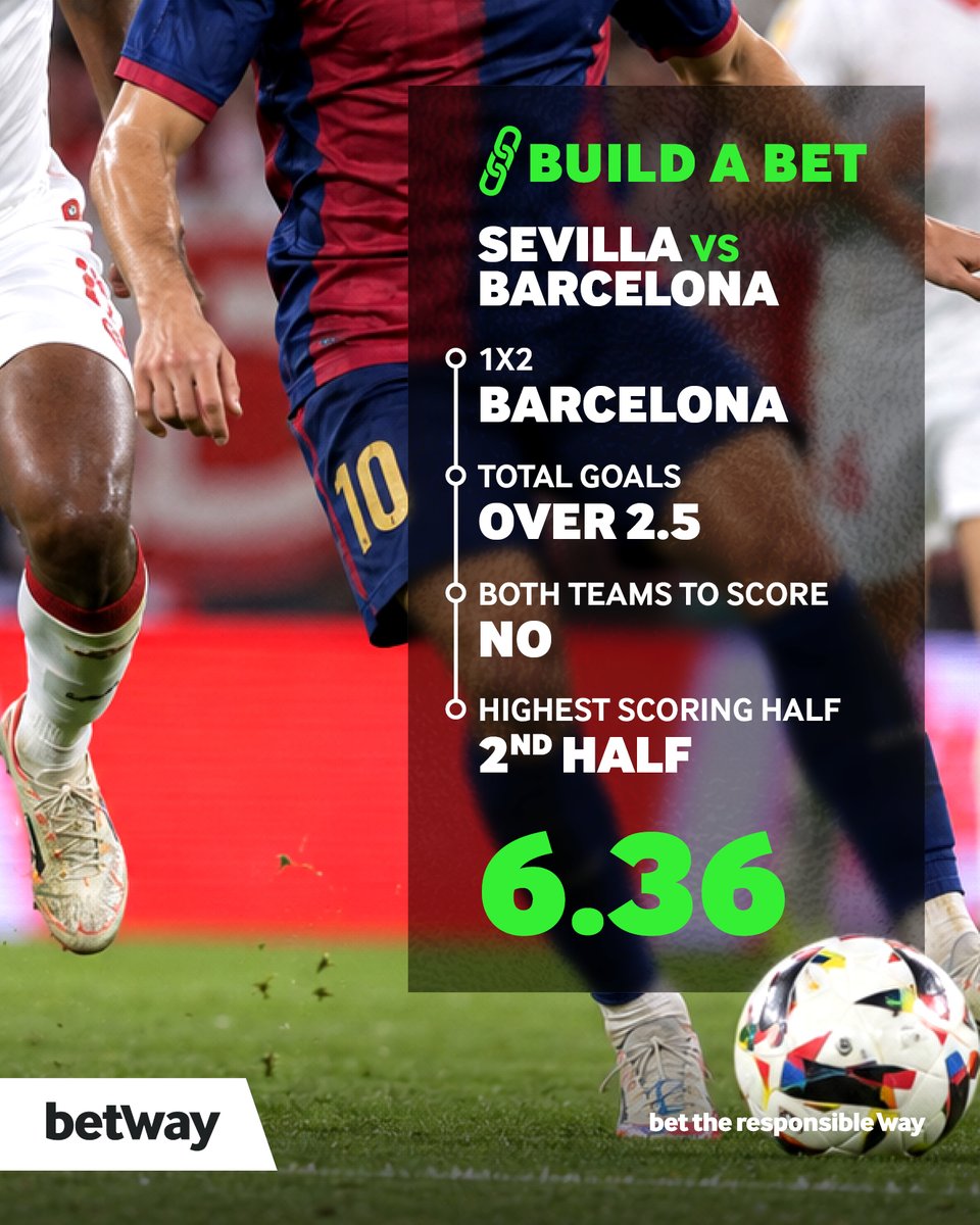 BetwayMalawi's tweet photo. ⚽ Barcelona have looked unstoppable this season. Can Sevilla be the side to slow them down? 👀🔥

We're backing Barca to win, Over 2.5 Goals, BTTS: No, and a goal-filled second half at 6.36 odds.

💰 Back our Build A Bet and place your wager via the link in bio.

#LaLiga https://t.co/BB2dPq3SOf
