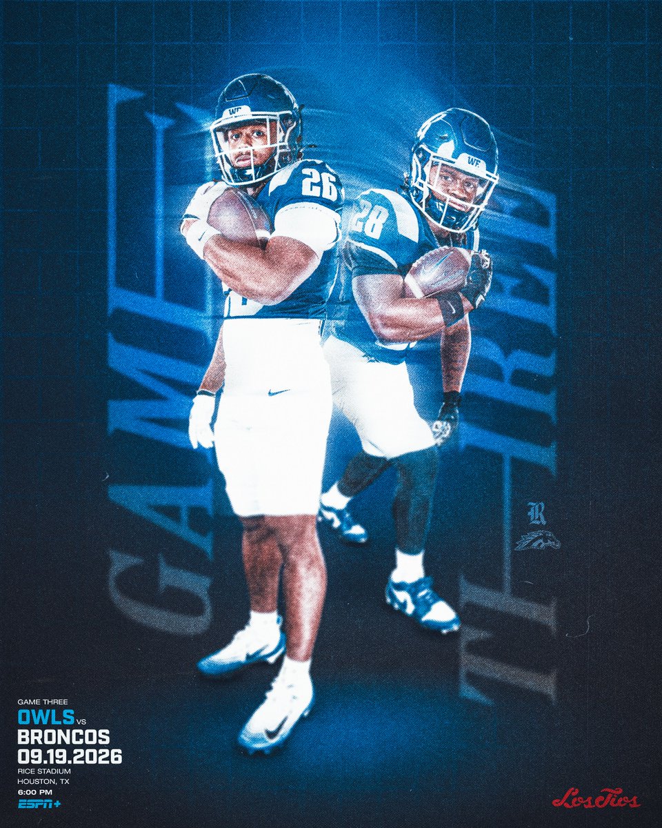 RiceFootball's tweet photo. GAME 3️⃣

🆚 Western Michigan 
🗓️ Saturday, Sept. 19
🕛 6:00 PM
📺 ESPN+

#WE | #ReptheR https://t.co/7i7s3MebBO