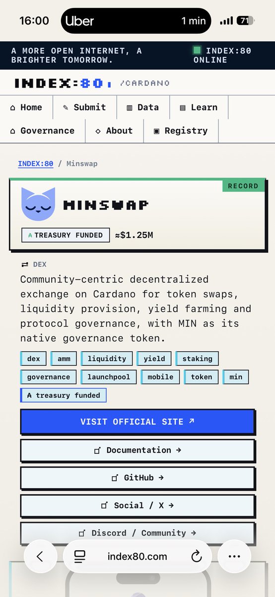 index80web's tweet photo. Project #5 on INDEX:80: @MinswapDEX 🐱

One of Cardano’s established DeFi platforms — covering swaps, liquidity, staking, governance and more.

Still building, still active, and an important part of the Cardano ecosystem.

https://t.co/8GBrQEhx9G

#Cardano #DeFi https://t.co/A3T5ihjra9