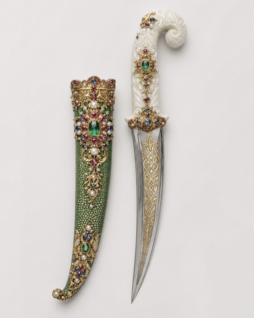 COACHFFF's tweet photo. A masterpiece of 18th-century luxury. This Ottoman ceremonial dagger (c. 1706 A.D.) features a carved ivory hilt and a shagreen scabbard, heavily encrusted with gold, emeralds, rubies, and pearls. 💎✨
📸 : unknown 
 #History #Artefact #Ottoman #FREEPALESTİNE #istandwithSudan https://t.co/F21Vrl8GkB