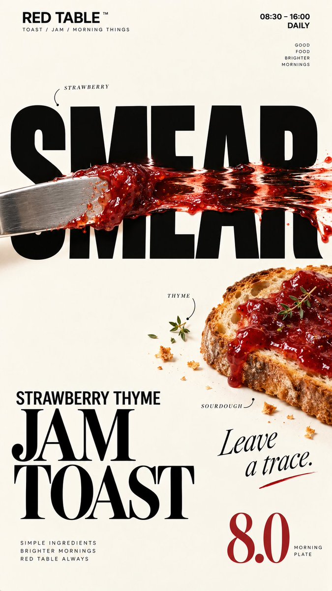 MrLarus's tweet photo. 😋 Images2.5 makes food physically reshape typography!

1. Pancakes press the letters
2. Gelato gets scooped straight out of the type
3. Jam smears and drags the letters
4. Mille-feuille turns typography into layers

Great for food branding, café posters, campaigns, and social visuals.

Prompt 👇