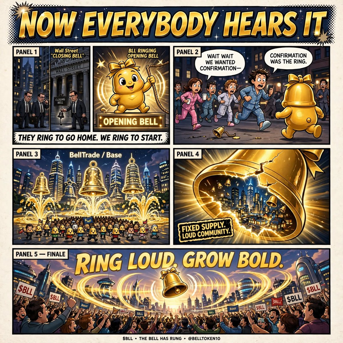 MemeForge07's tweet photo. THE OPENING BELL
Wall Street rings a closing bell so they can leave.
$BLL rings the opening bell so the chain has to wake up.
Some chase noise. Some wait for confirmation.
We heard it first.
π RING LOUD. GROW BOLD.
@BELLTOKEN10 #BellToken #BLL #MemeContest https://t.co/GsdHmmYjC8