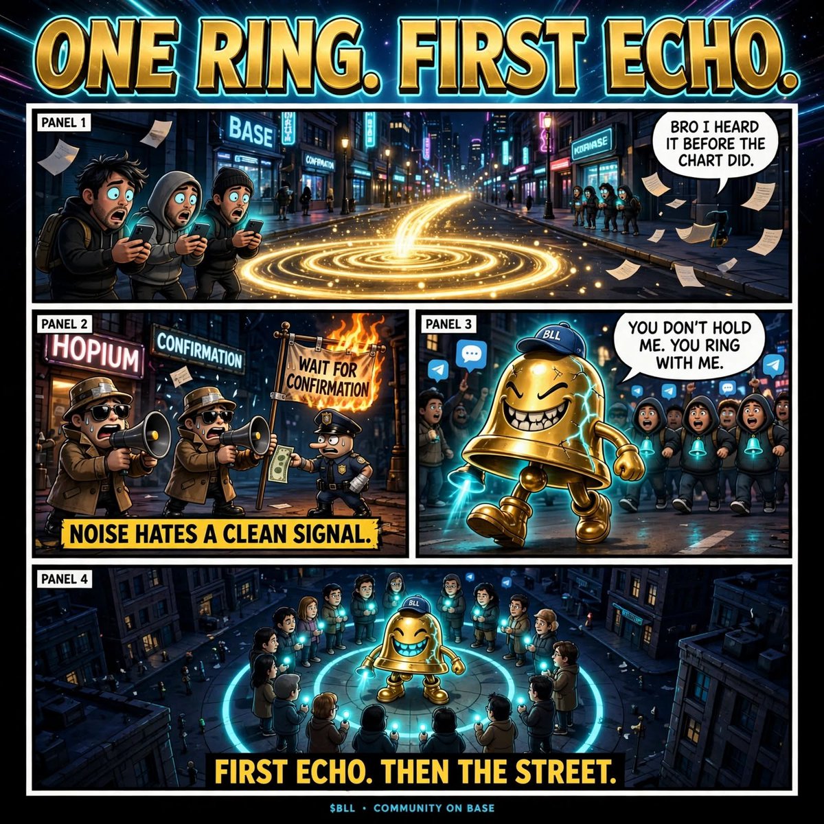 MemeForge07's tweet photo. THE OPENING BELL
Wall Street rings a closing bell so they can leave.
$BLL rings the opening bell so the chain has to wake up.
Some chase noise. Some wait for confirmation.
We heard it first.
π RING LOUD. GROW BOLD.
@BELLTOKEN10 #BellToken #BLL #MemeContest https://t.co/GsdHmmYjC8