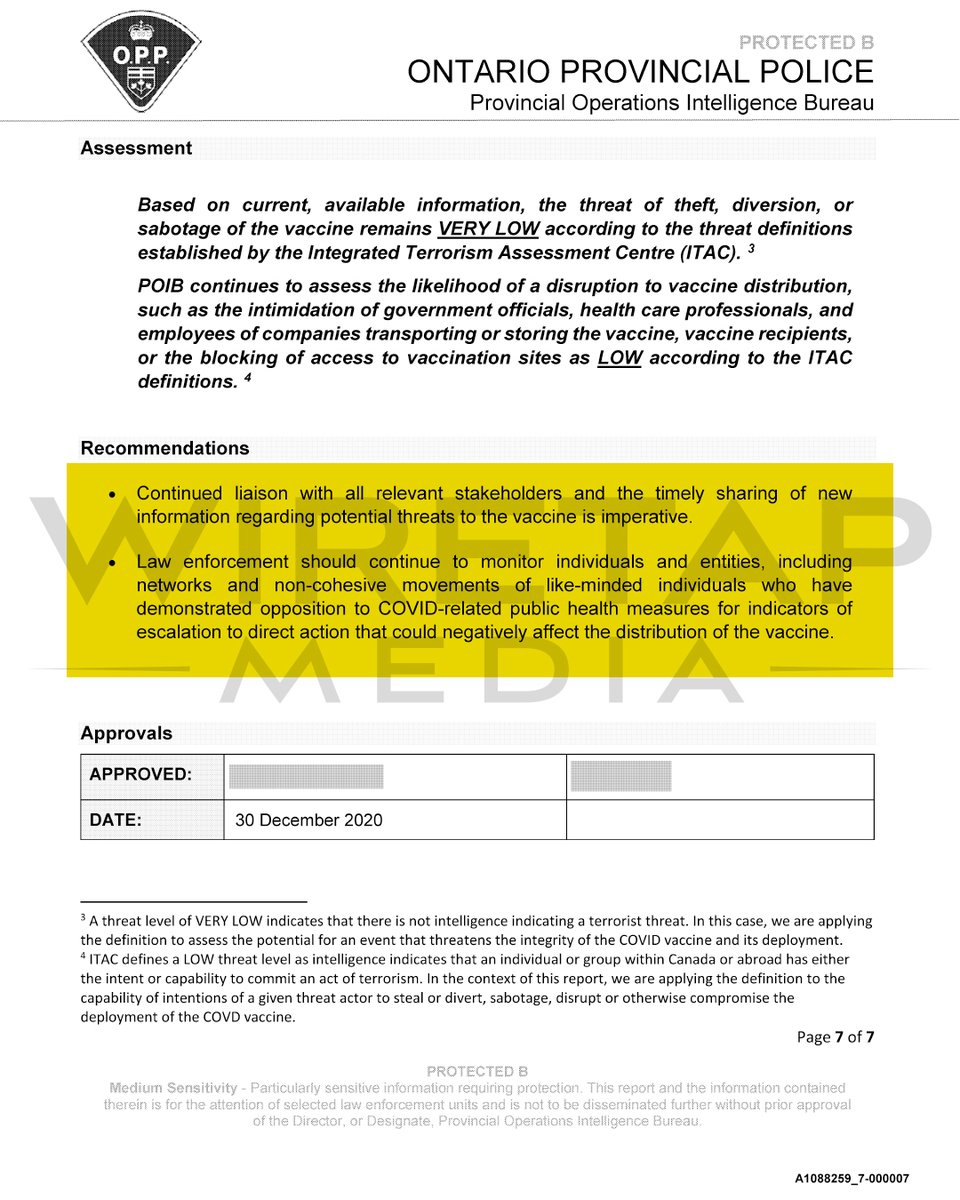 WiretapMediaCa's tweet photo. 🚨NEW ATIPs🚨

The OPP monitored and surveilled active/retired police officers for their political views during COVID lockdowns. 

A Dec. 30, 2020 Project ARDEN report — written for the OPP’s COVID team and “stakeholders” — found no threat to the vaccine rollout. Theft or sabotage was VERY LOW, and there were no links to criminal activity.  

What they actually feared was that the officers would lend credibility and legitimacy to people who opposed the Government's overreach during the pandemic—and despite not having any evidence, they were ordered to continue monitoring officers, networks, and anyone “who has demonstrated opposition to COVID-related public health measures.”

The government department that ordered the OPP to engage in this act of espionage against private citizens is still unknown.