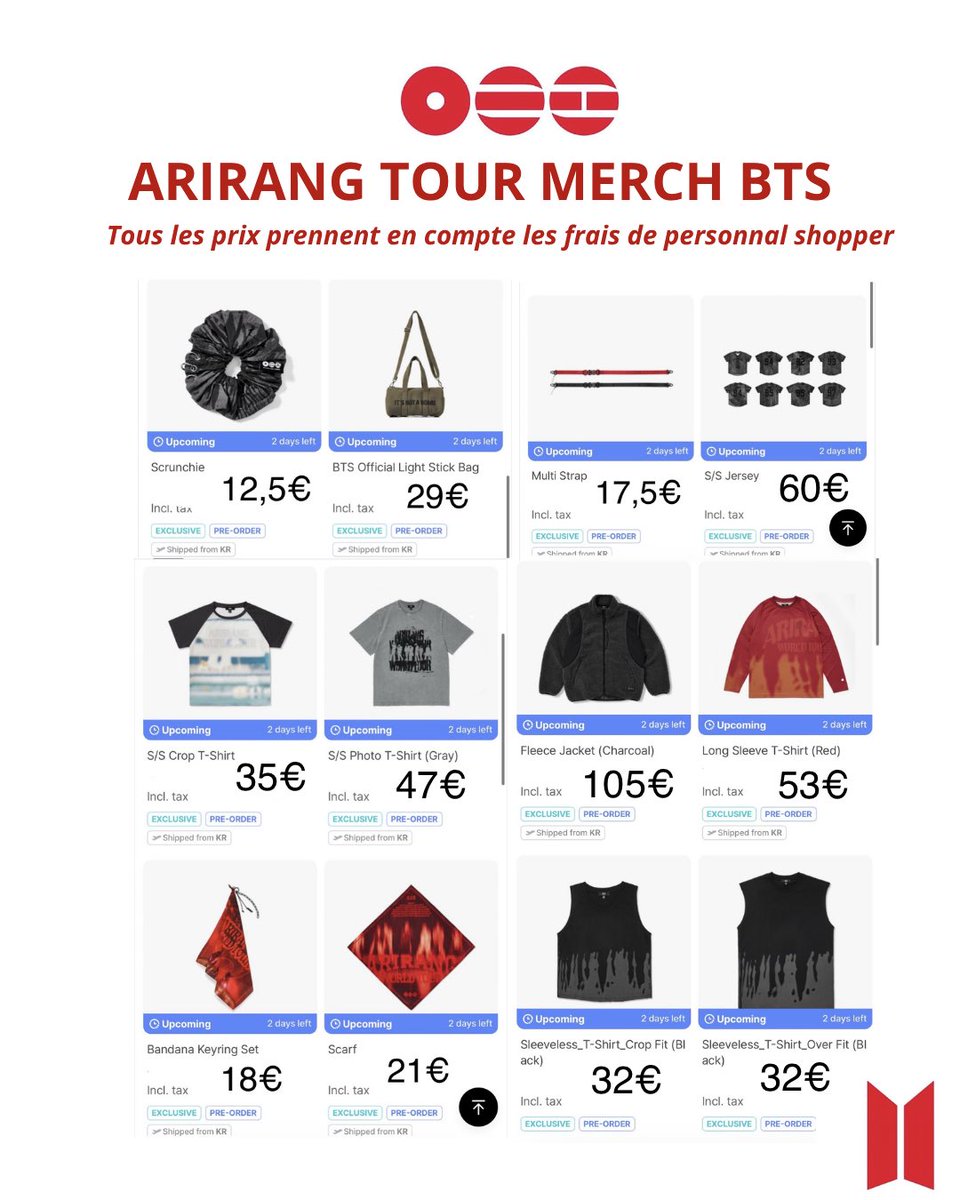 PurpleBlood_cg's tweet photo. 💜 CG/GO BTS ARIRANG TOUR MERCH💜

▪️ Price : 12€50 to 105€ 
▪️Shipping Europe
▪️ Based in Korea Until November so you can combine several orders
▪️ Deadline: Out of stock

Form: https://t.co/P9SluxQfDt 

#BTS #BTSGO #WTSBTS #BTSWTS https://t.co/1lAhJHuUA6