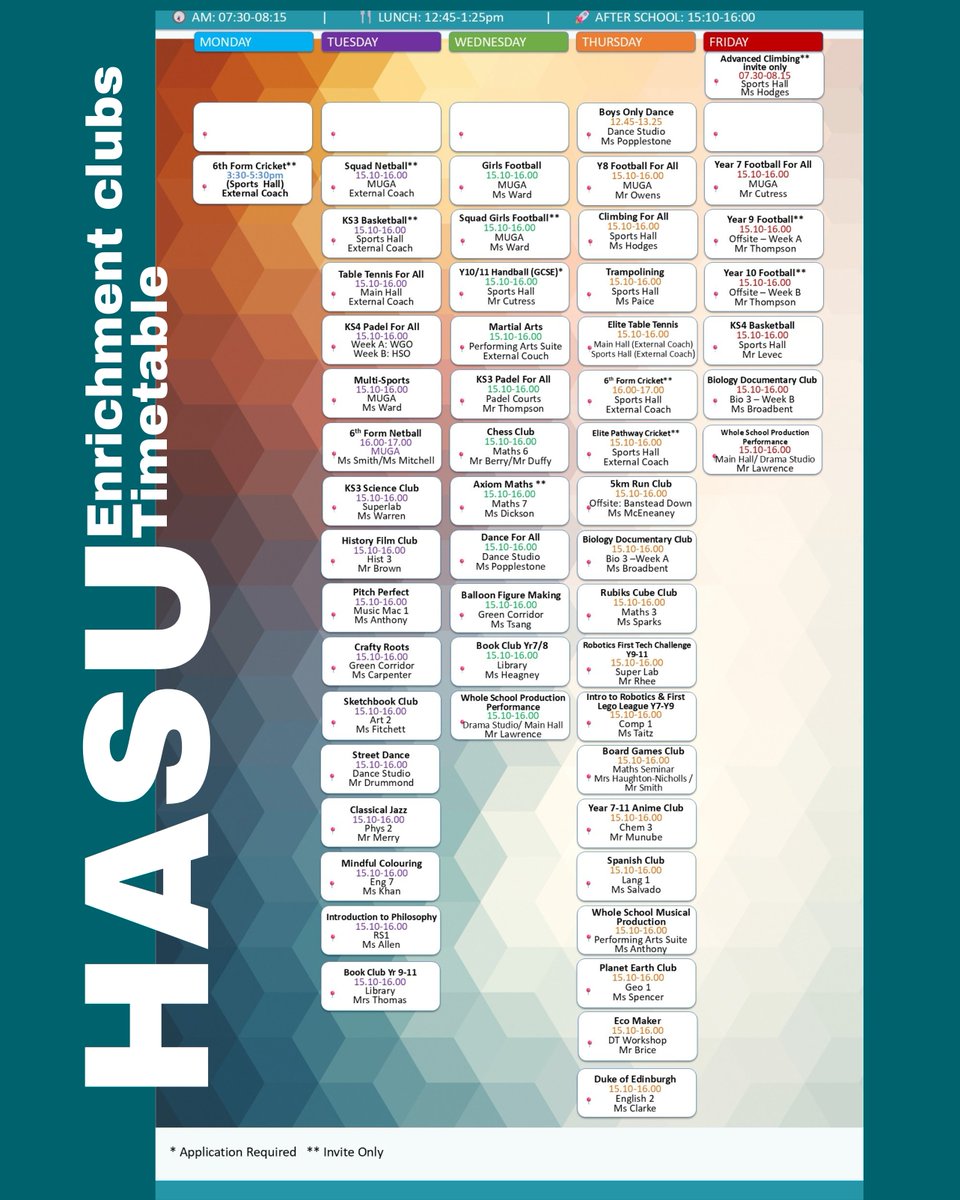  Enrichment Clubs Are Back! 
Enrichment is a great way to make new friends, learn new skills and pursue your passions beyond the classroom.
 Take a look at the timetable in the image below and encourage your child to get involved.
 #HASU&nbsp; #Enrichment&nbsp; #HarrisAcademySutton Image