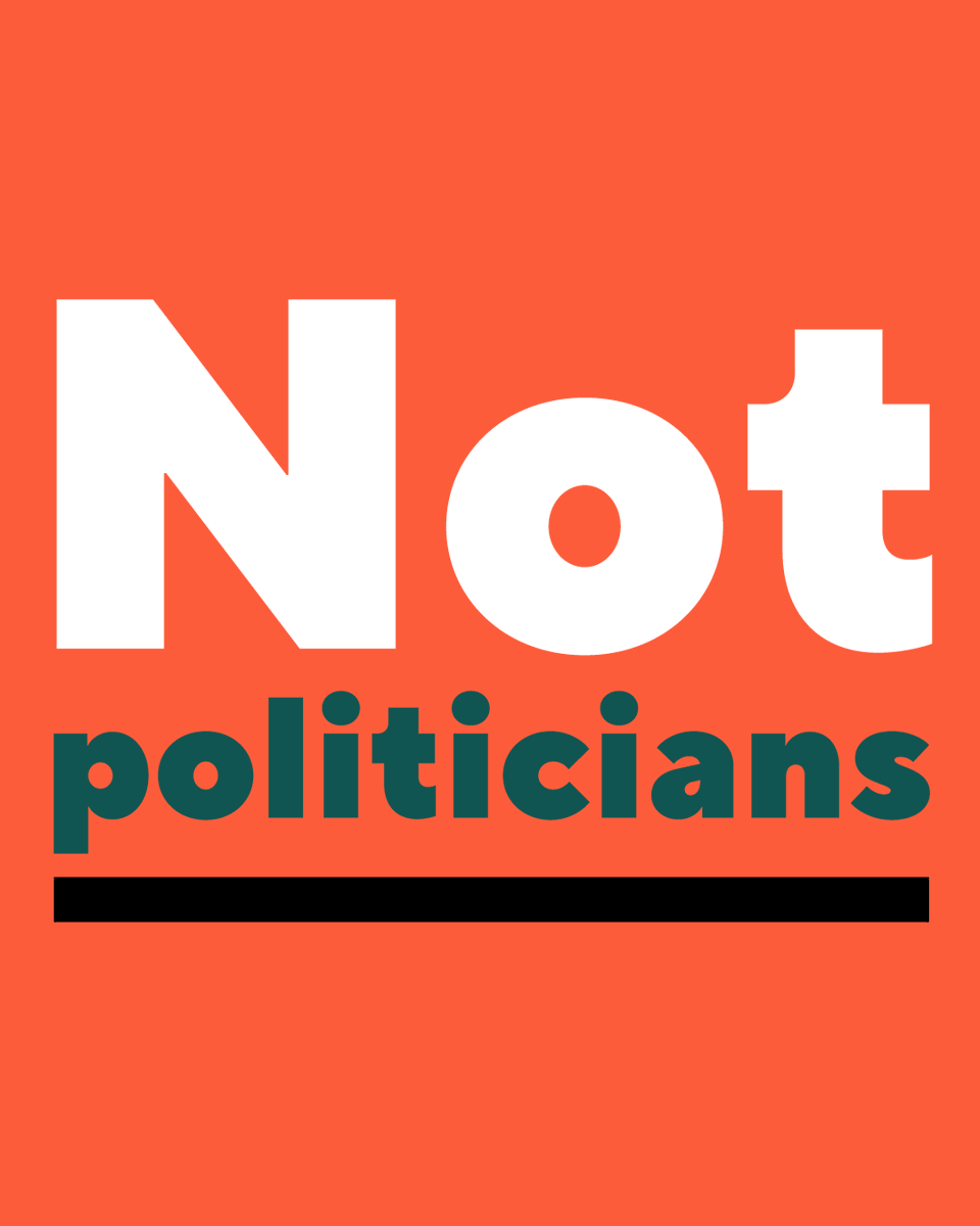 Text on a bold orange background saying "Not politicians" with a black underline beneath.
