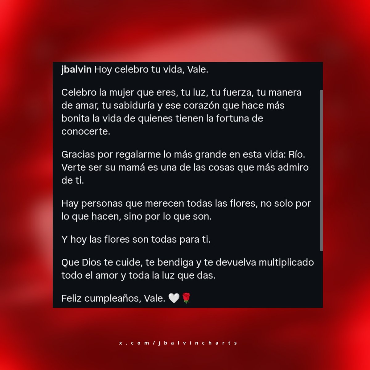 JBalvinCharts's tweet photo. J Balvin publicó un texto deseándole feliz cumpleaños a Valentina Ferrer.

"Celebro la mujer que eres, tu luz, tu fuerza, tu manera de amar, tu sabiduría y ese corazón que hace más bonita la vida de quienes tienen la fortuna de conocerte." https://t.co/miTEHNkvEY
