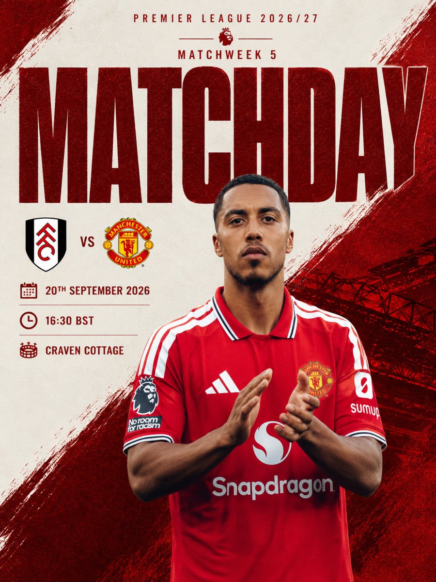 MUFCScoop's tweet photo. It’s Matchday!!

🏆 Premier League 
🏟 Craven Cottage
⏰ 16:30 BST
🆚 Fulham

COME ON UNITED!! 🔴🔴🔴

#MUFC https://t.co/3cihOmLmhQ