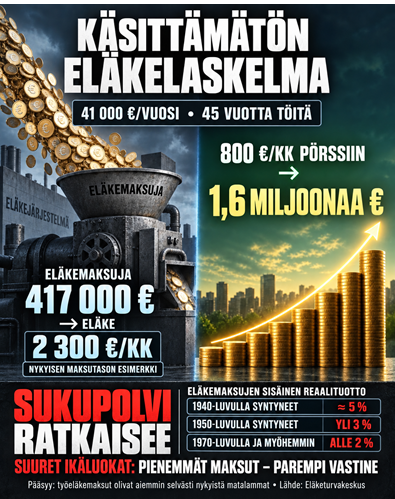 viren_matti's tweet photo. 41000 vuodessa ansaitseva saa eläkettä juuri ja juuri eläkemaksujen verran ja reippaasti (4x) vähemmän, mitä olisi saanut sijoittamalla maksut osakkeisiin. Eläkemaksjen tuottoaste olematon. Vain suuret ikäluokat pääsevät eläkkeissä lähelle samaa tasoa kuin pörssiin sijoittaneet. https://t.co/r0Cl2ajBt5