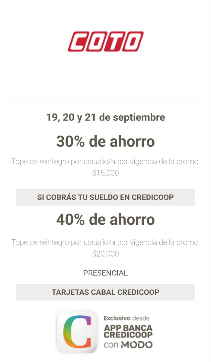 ahorrotwit's tweet photo. Hoy sumale a las promos de #Supermercafos esta hermosa promo pagando con Credicoop en #COTO
30% pagando con #cabal con tope de $15.000 o 40% con tope de $20.000 si tenes cuenta sueldo
Credicoop siempre acumula promos! https://t.co/fWlIcncUht